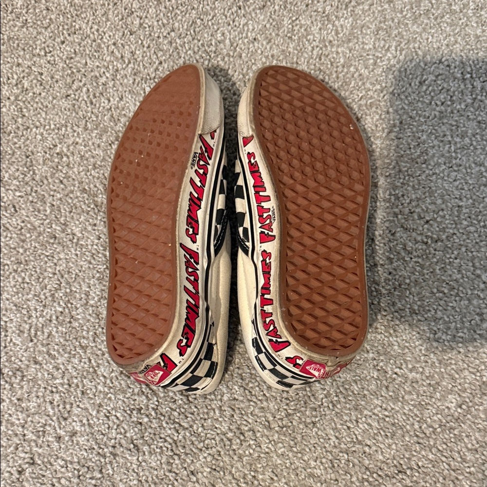 Vans Black and White Checkerboard Slip-Ons with Red Accents - Picture 3 of 3